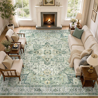 Tortania Area Rug 5x7 Living Room Rug Washable Soft Cream/Blue