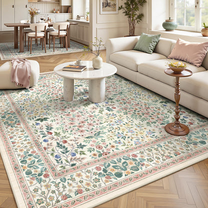 8x10 Area Rugs, Machine Washable Low Pile Floral Rugs for Living Room, Bedroom, Large Boho Area Rug with Non-Slip Backing for Dining Room(Beige Floral)