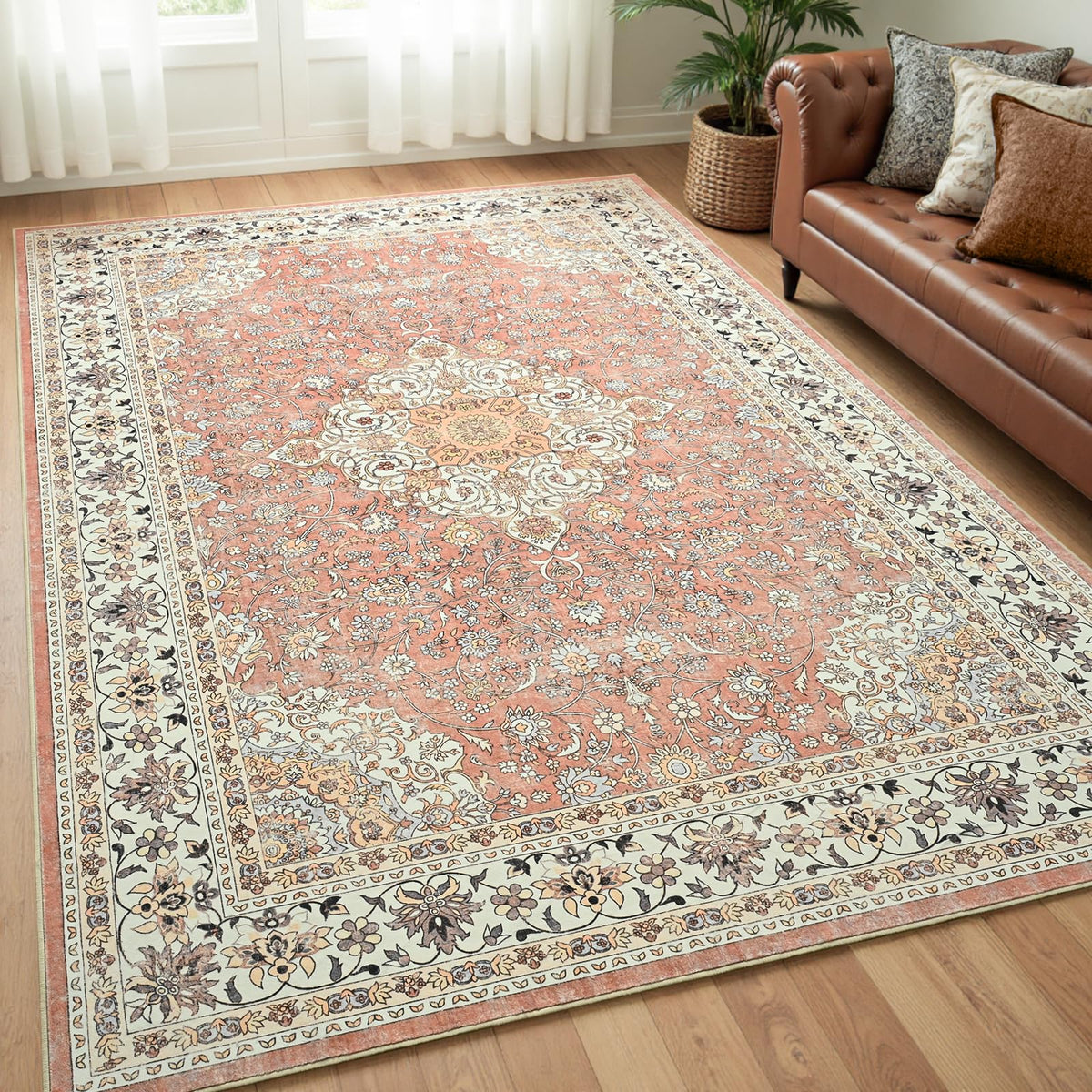 Goideal Washable Rug 4x6, Beige Area Rugs Non Slip, Indoor Low Pile Carpet with Rubber Backing for Living Room Kitchen Bathroom Entryway Office Bedroom
