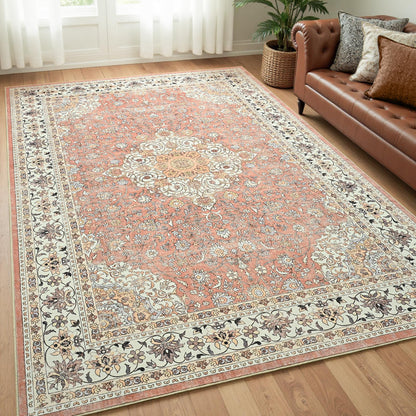 Goideal Washable Rug 4x6, Beige Area Rugs Non Slip, Indoor Low Pile Carpet with Rubber Backing for Living Room Kitchen Bathroom Entryway Office Bedroom