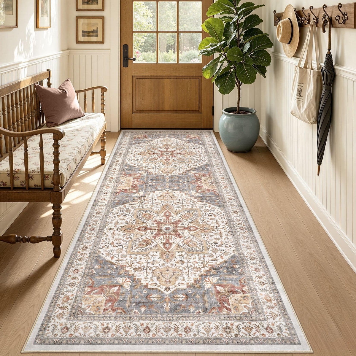 Tortania Area Rug 5x7 Living Room Rug Washable Soft Cream/Blue
