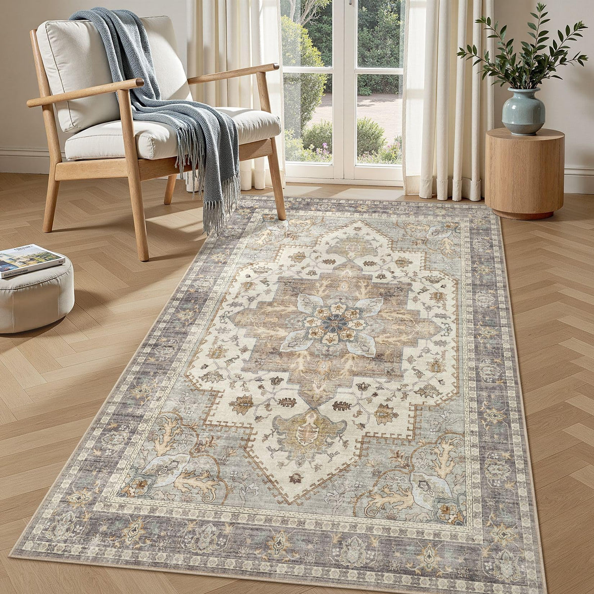 Tortania Area Rug 5x7 Living Room Rug Washable Soft Cream/Blue