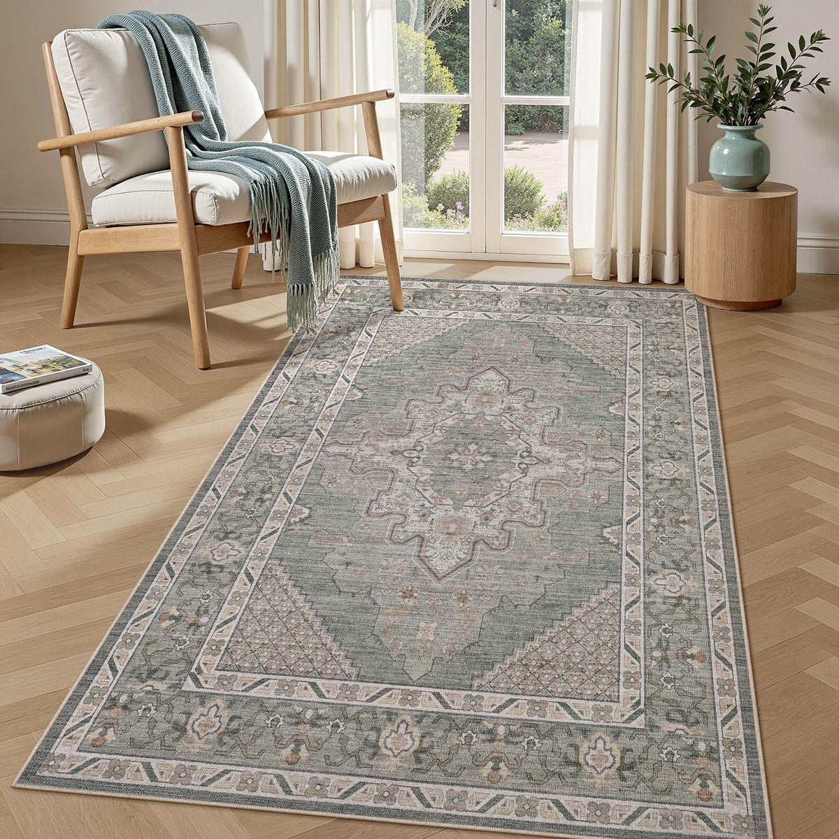 Tortania Area Rug 5x7 Living Room Rug Washable Soft Cream/Blue