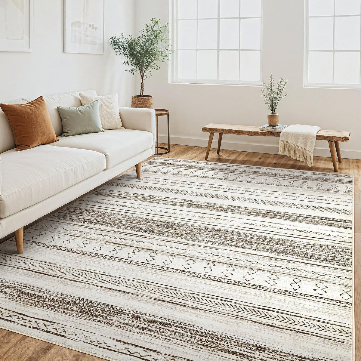 Tortania Area Rug Living Room Rugs - 5x7 Washable Large Soft Neutral Boho Moroccan Bohemian Farmhouse Rug Indoor Floor Carpet for Bedroom Under Dining Table Home Office Decor - Cream Brown