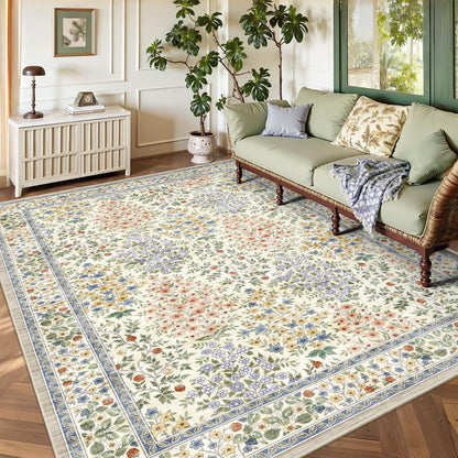 8x10 Area Rugs, Machine Washable Low Pile Floral Rugs for Living Room, Bedroom, Large Boho Area Rug with Non-Slip Backing for Dining Room(Beige Floral)