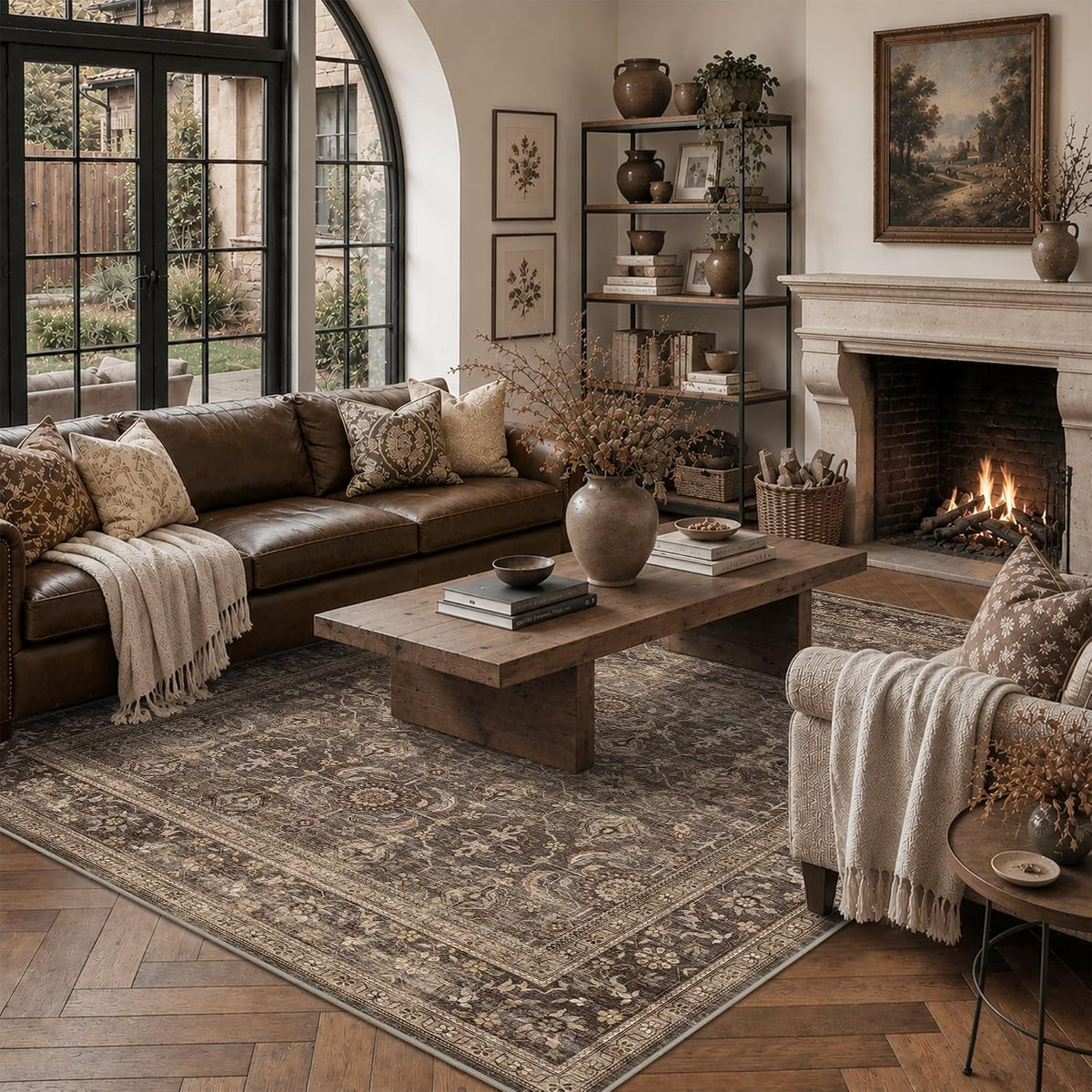 JOOJA 6x9 Brown Vintage Boho Washable Area Rug, Soft Low Pile Floor Carpet