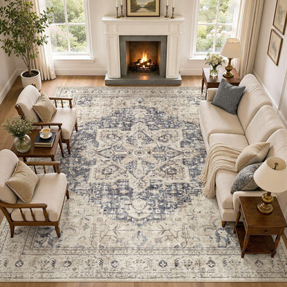Tortania Area Rug 5x7 Living Room Rug Washable Soft Cream/Blue