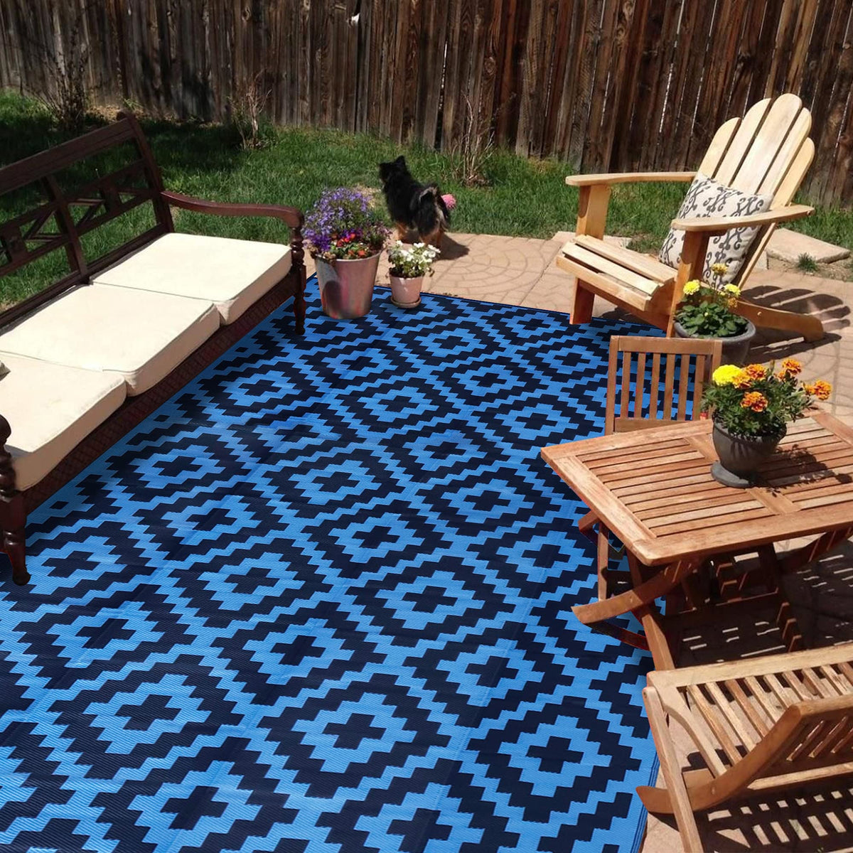 SAND MINE Waterproof Outdoor Rug 5x8 ft, Plastic Reversible Rug, Modern Area Rug, Large Floor Mat for Outdoors, RV, Patio, Backyard, Deck, Picnic, Beach, Camping, Black & Beige