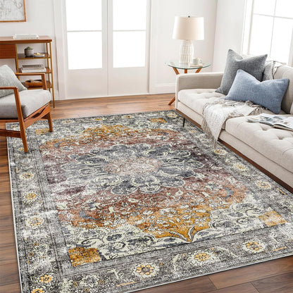 CHAMPLANT 6'x9' Washable Vintage Area Rug Boho Chic Medallion Distressed Design Non-Shedding Easy Care Ideal for High Traffic Areas in Living Room Bedroom Kitchen Office Large Carpet
