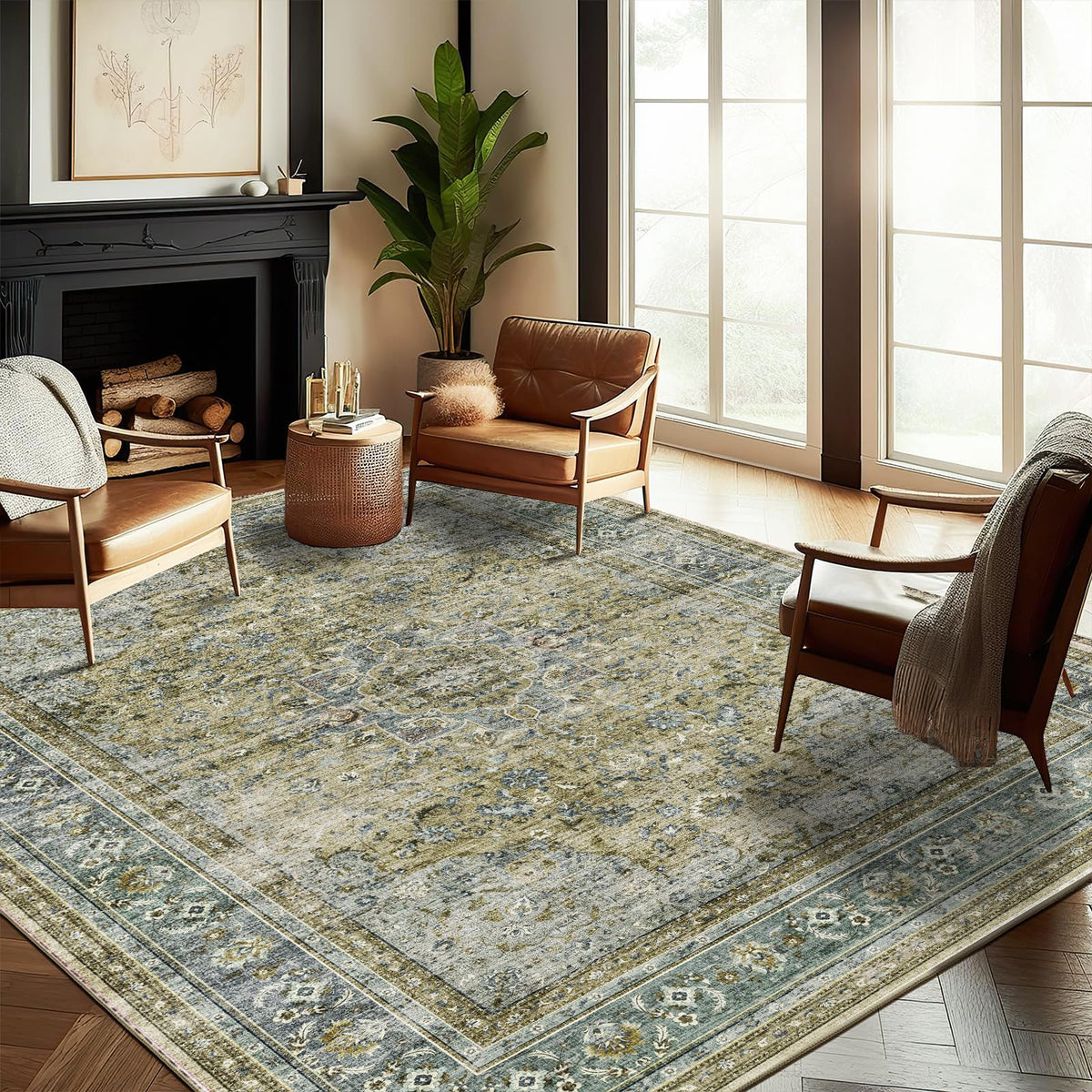 CHAMPLANT 6'x9' Washable Vintage Area Rug Boho Chic Medallion Distressed Design Non-Shedding Easy Care Ideal for High Traffic Areas in Living Room Bedroom Kitchen Office Large Carpet