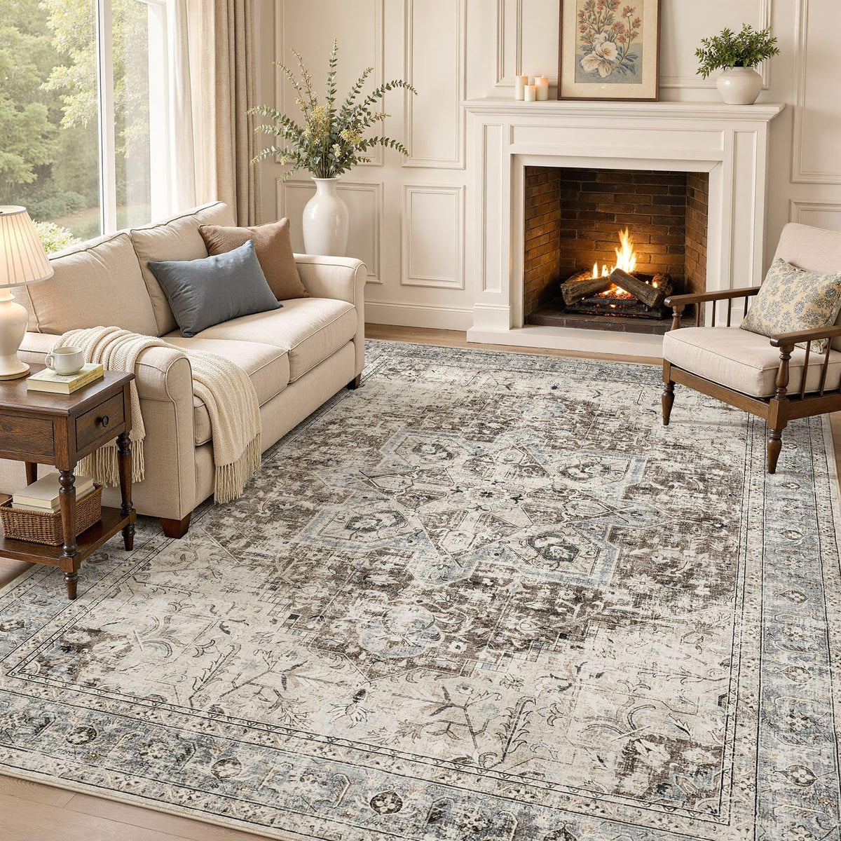 Tortania Area Rug 5x7 Living Room Rug Washable Soft Cream/Blue
