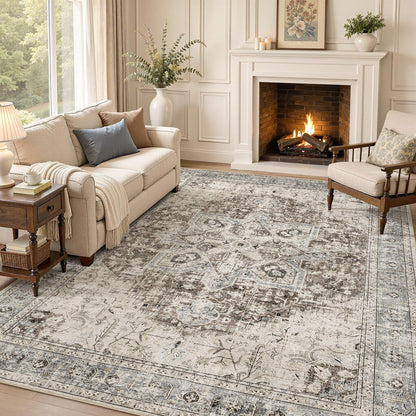 Tortania Area Rug 5x7 Living Room Rug Washable Soft Cream/Blue
