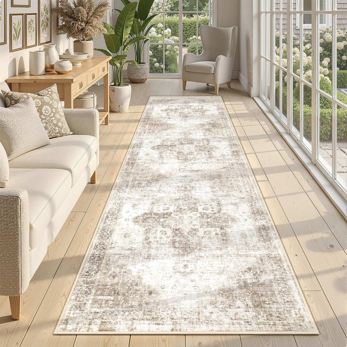 Area Rug 8x10 Washable Rug, Vintage Boho Medallion Rugs Non-Slip Soft Low Pile Large Distressed Rug Indoor Retro Carpet for Living Room Bedroom Dining Room Office Children's Room(Beige, 8'x10')