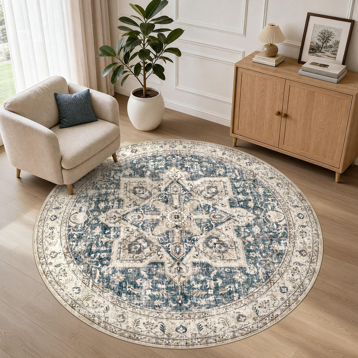 Tortania Area Rug 5x7 Living Room Rug Washable Soft Cream/Blue