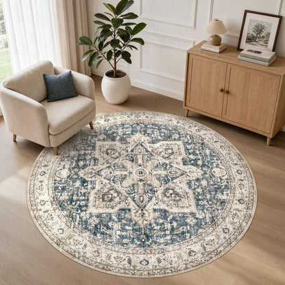 Tortania Area Rug 5x7 Living Room Rug Washable Soft Cream/Blue