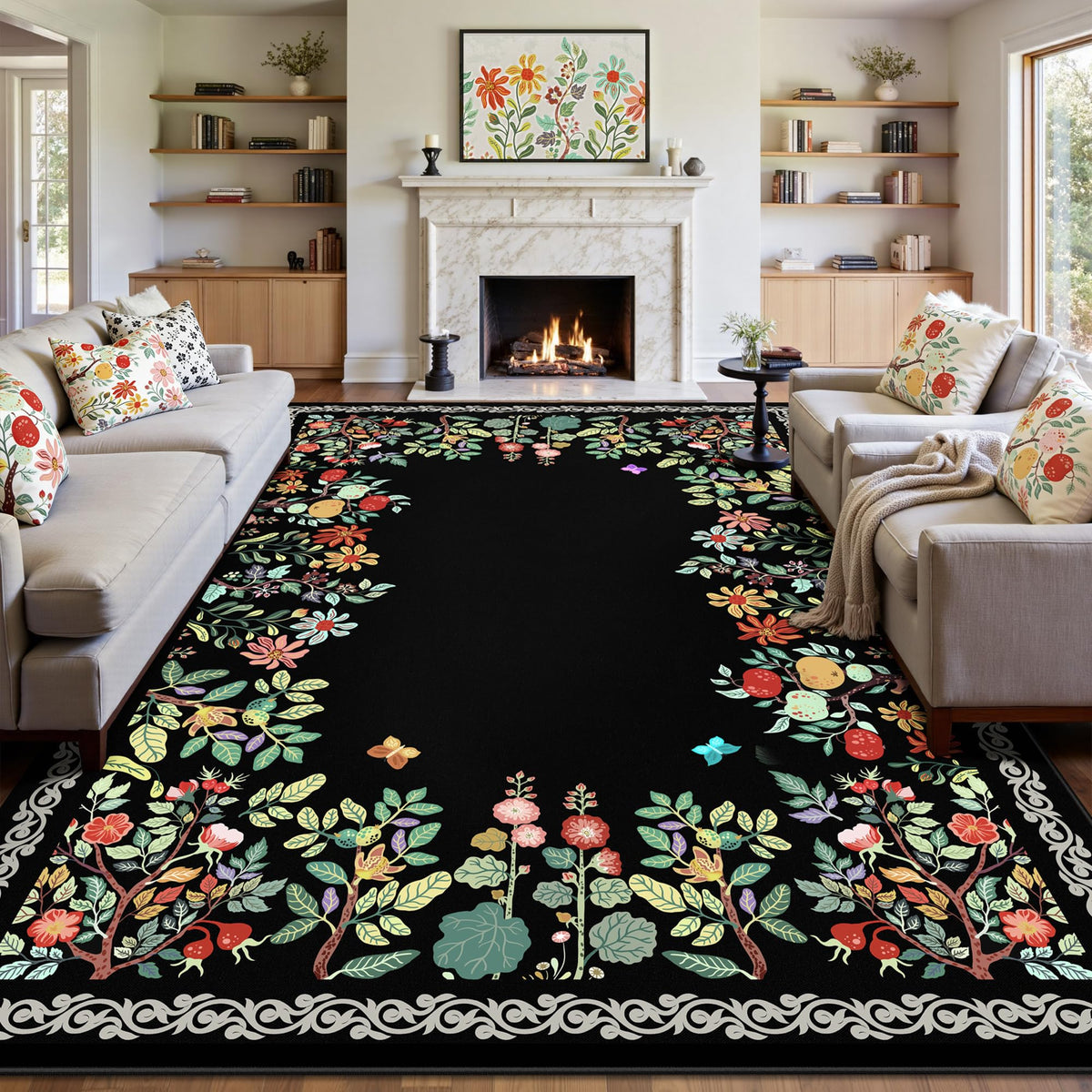 8x10 Area Rugs, Machine Washable Low Pile Floral Rugs for Living Room, Bedroom, Large Boho Area Rug with Non-Slip Backing for Dining Room(Beige Floral)