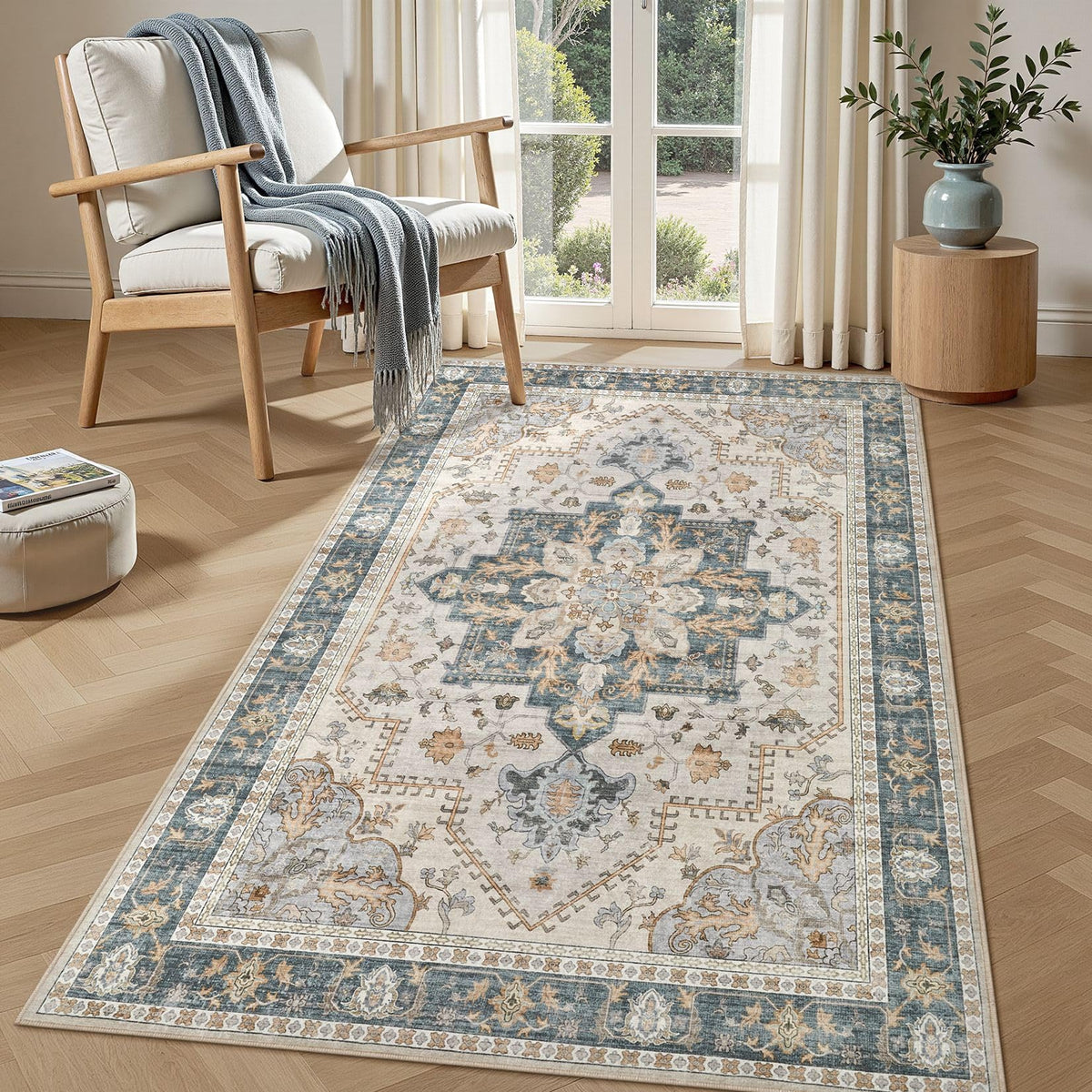 Tortania Area Rug 5x7 Living Room Rug Washable Soft Cream/Blue