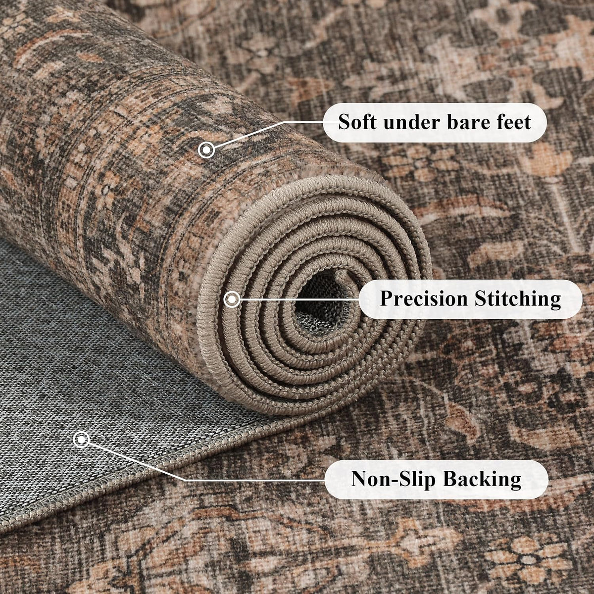 JOOJA 6x9 Brown Vintage Boho Washable Area Rug, Soft Low Pile Floor Carpet
