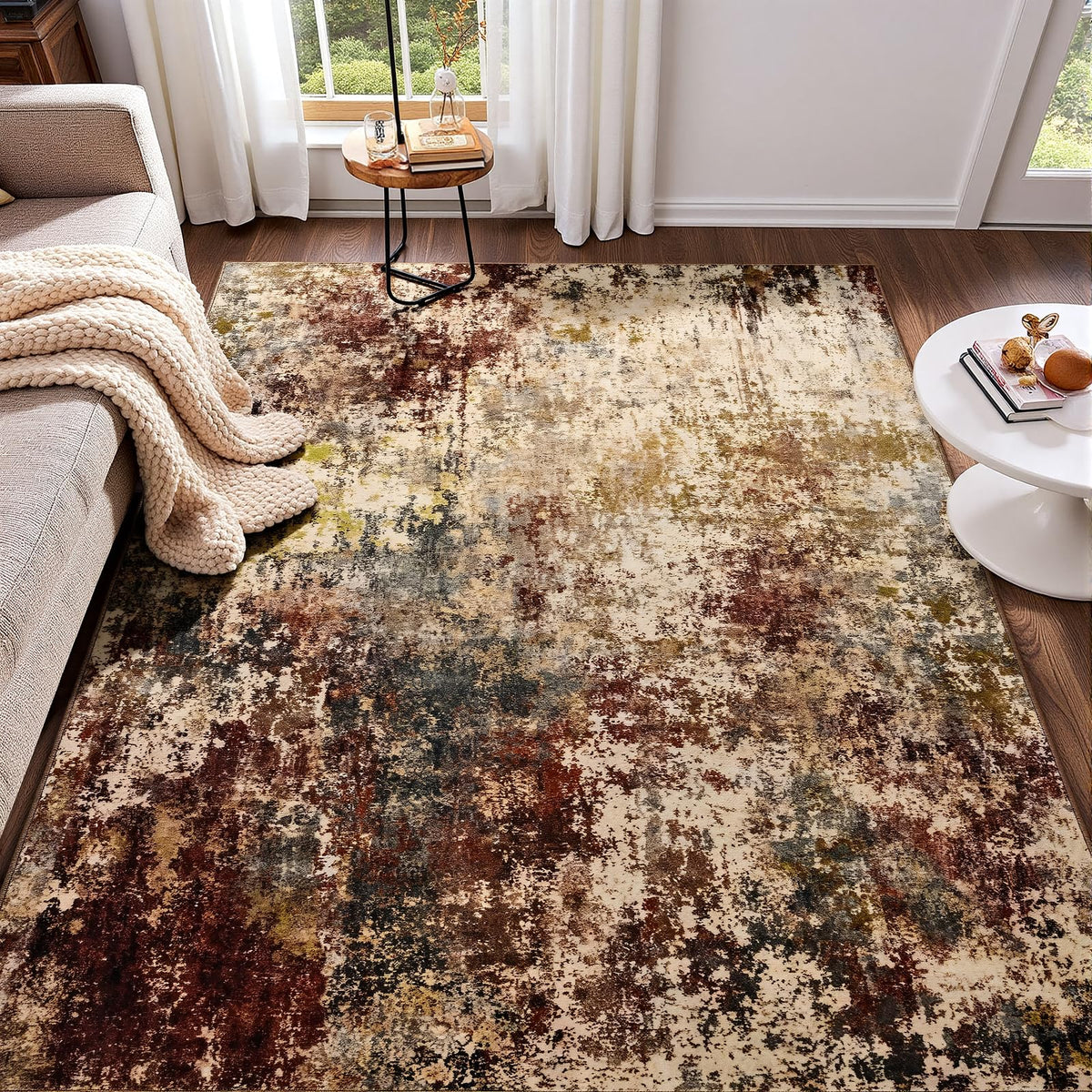 Modern Abstract 3x5 Rug, Non Slip Entryway Rug, Soft Machine Washable Rugs for Indoor Entry, Low Pile Stain Resistant Distressed Rug for Living Room, Bedroom, Dark Grey Blue