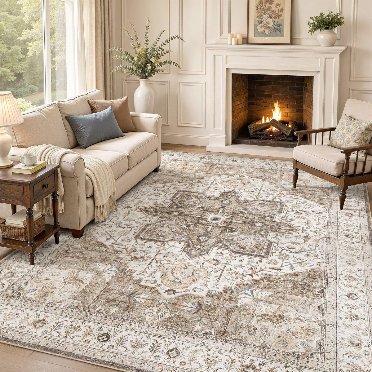 Tortania Area Rug 5x7 Living Room Rug Washable Soft Cream/Blue
