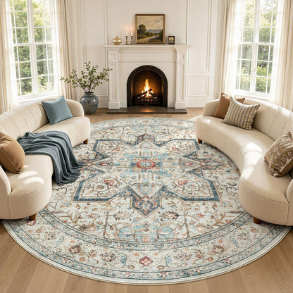 Tortania Area Rug 5x7 Living Room Rug Washable Soft Cream/Blue