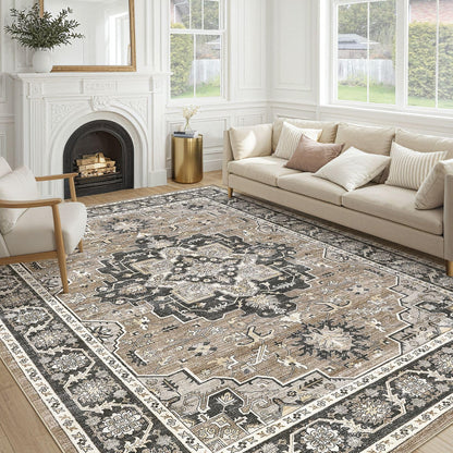 cotiled 5x7 Area Rug for Living Room, Washable, Traditional, Beige