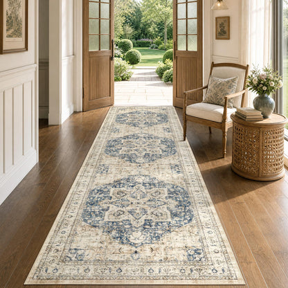 Tortania Area Rug 5x7 Living Room Rug Washable Soft Cream/Blue