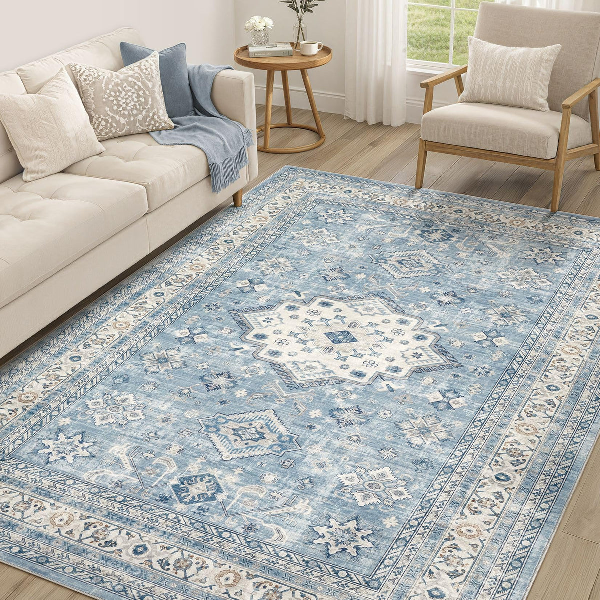 cotiled 5x7 Area Rug for Living Room, Washable, Traditional, Beige