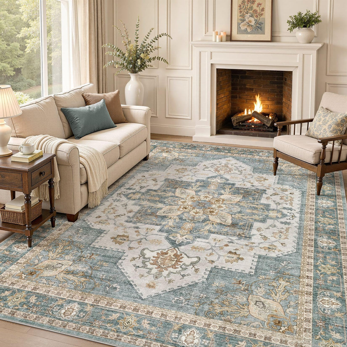 Tortania Area Rug 5x7 Living Room Rug Washable Soft Cream/Blue