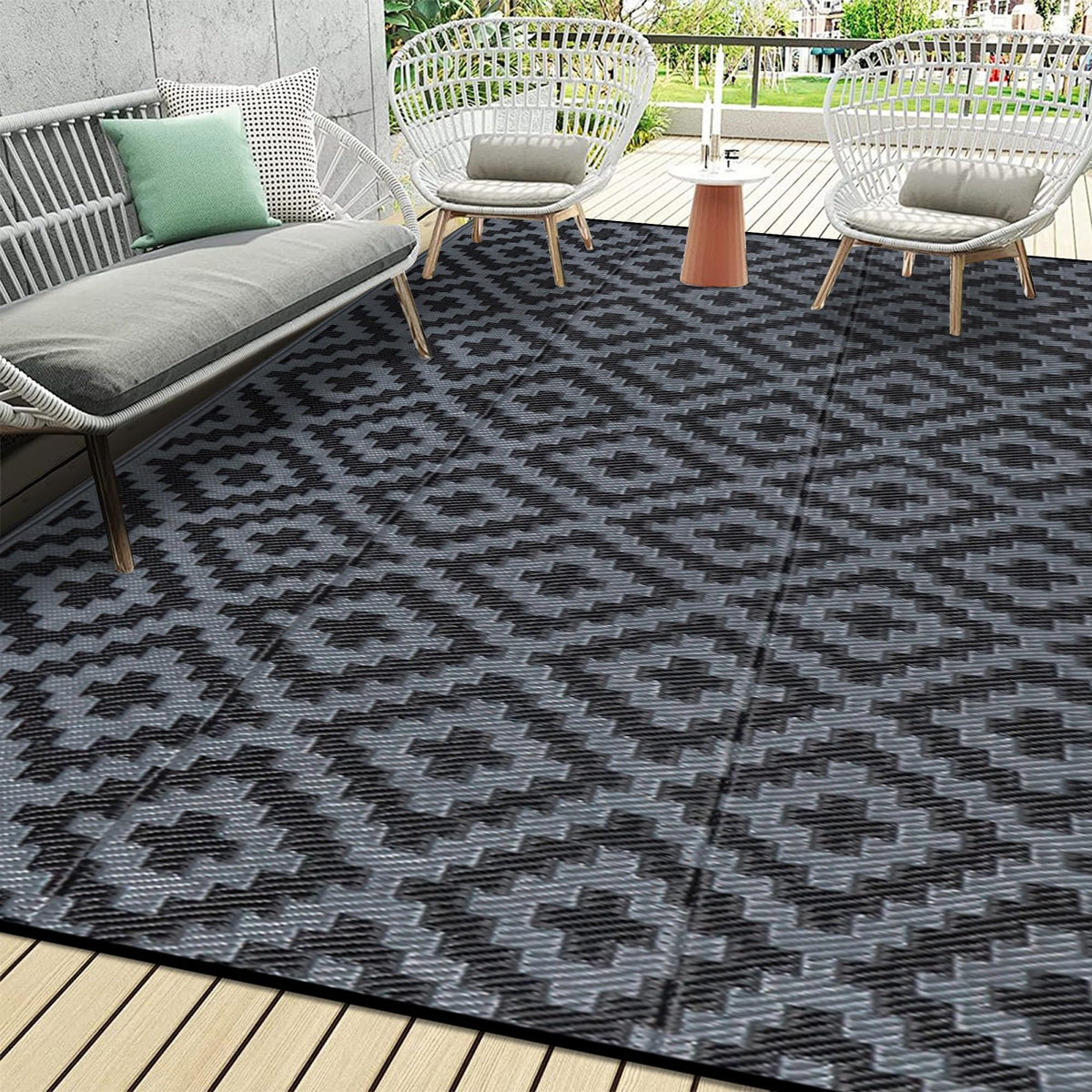 SAND MINE Waterproof Outdoor Rug 5x8 ft, Plastic Reversible Rug, Modern Area Rug, Large Floor Mat for Outdoors, RV, Patio, Backyard, Deck, Picnic, Beach, Camping, Black & Beige