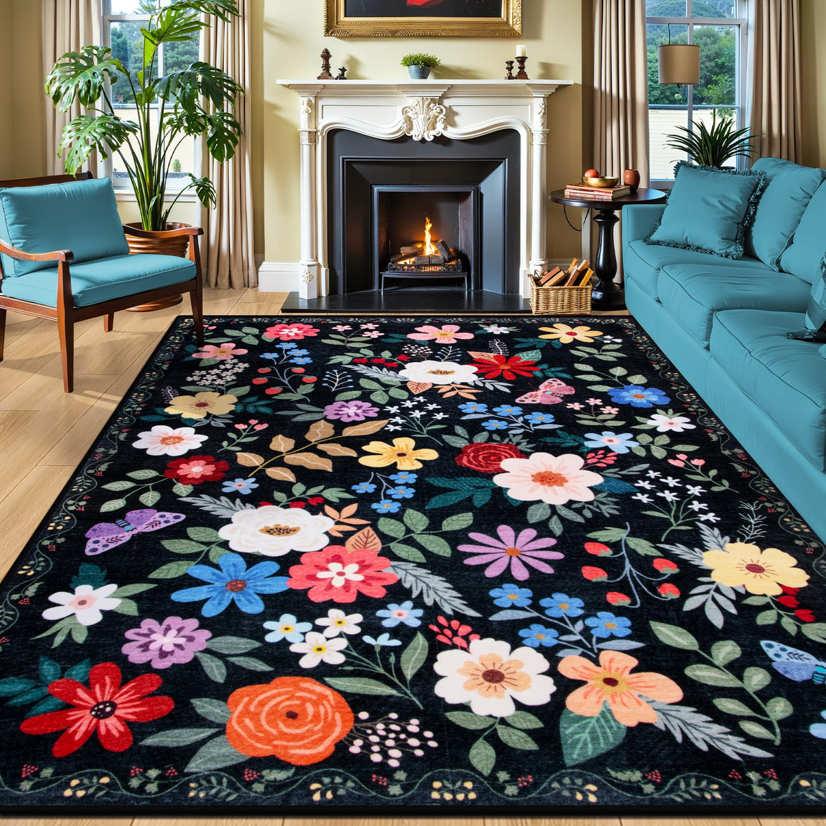 PLHXFR Area Rug Living Room: 5x7 Floral Washable Boho Carpet Dark Green