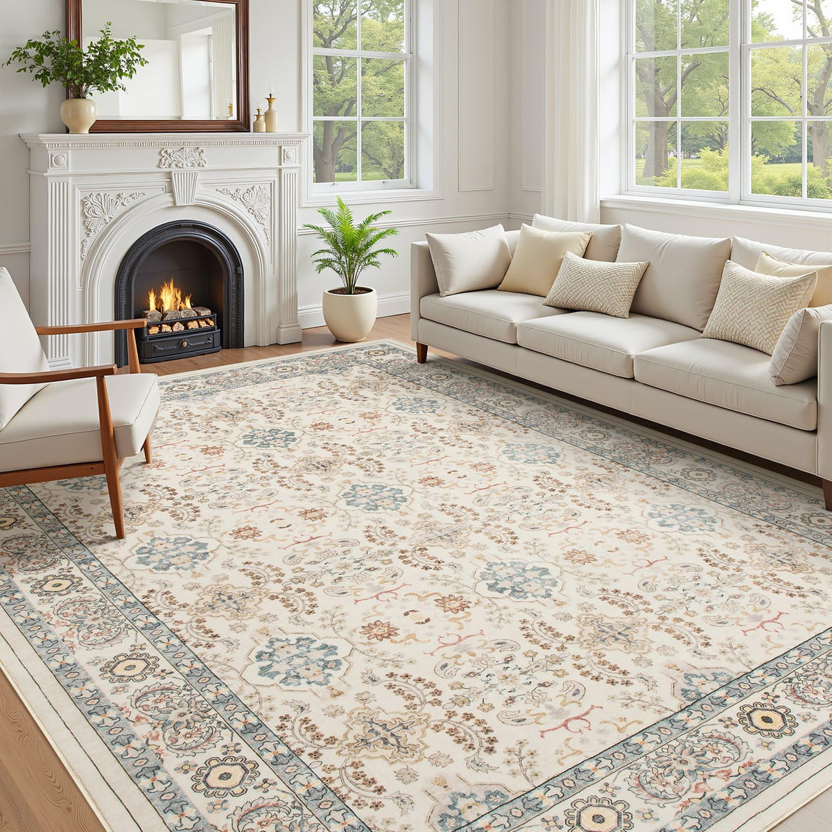 cotiled 5x7 Area Rug for Living Room, Washable, Traditional, Beige