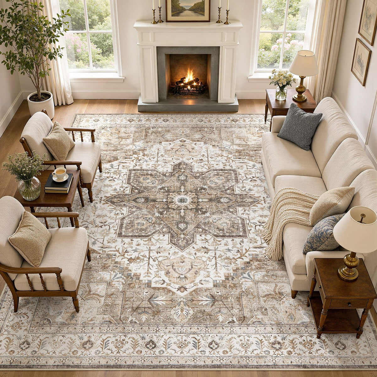 Tortania Area Rug 5x7 Living Room Rug Washable Soft Cream/Blue