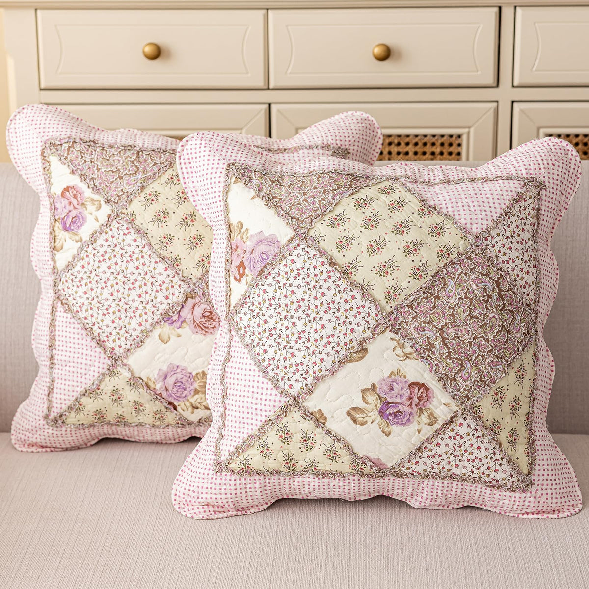 vctops Set of 2 Quilted 100% Cotton Boho Throw Pillow Covers 18" x 18" Farmhouse Country Floral Patchwork Decorative Cushion Cover, Patchwork Flower M