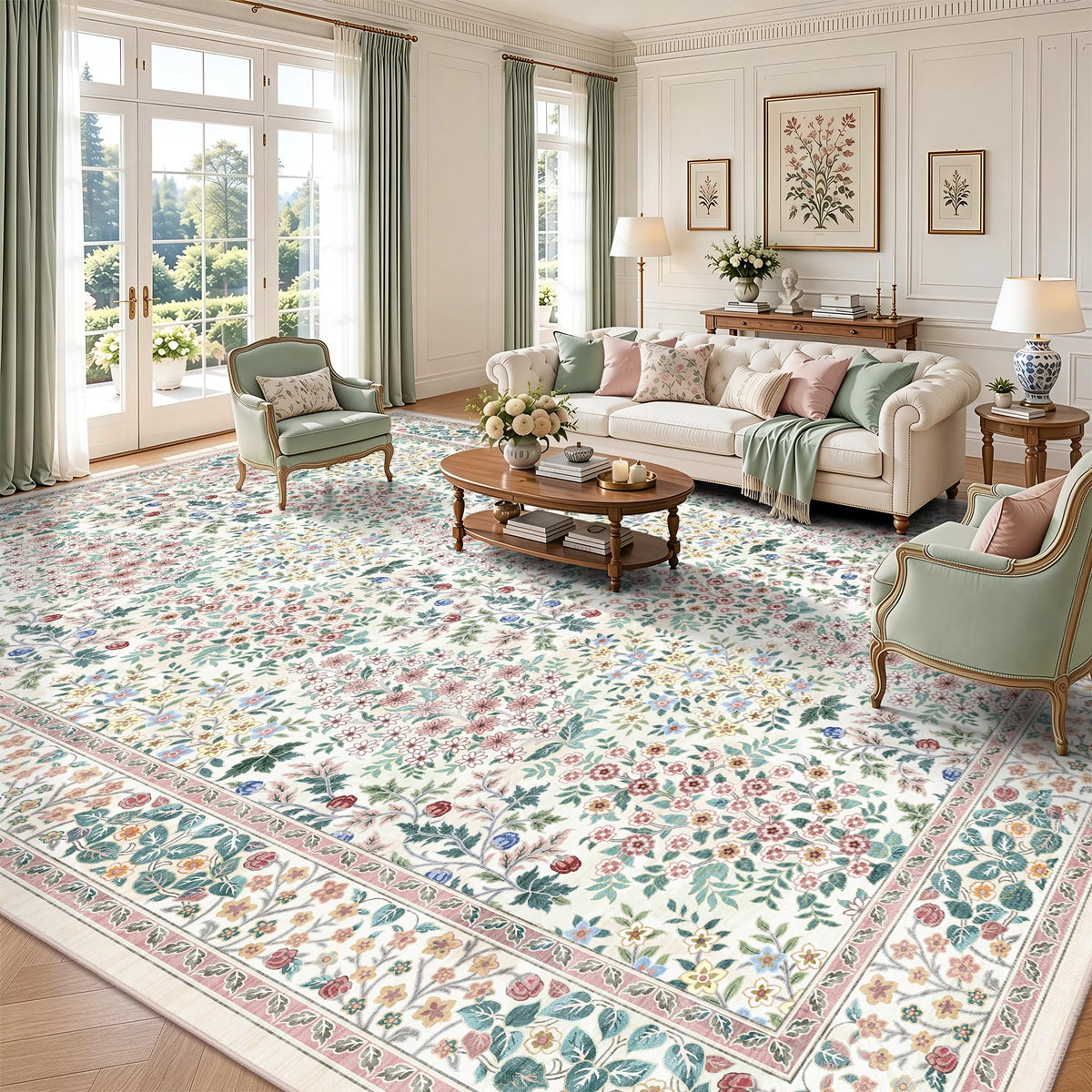 8x10 Area Rugs, Machine Washable Low Pile Floral Rugs for Living Room, Bedroom, Large Boho Area Rug with Non-Slip Backing for Dining Room(Beige Floral)