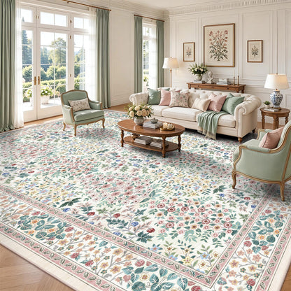 8x10 Area Rugs, Machine Washable Low Pile Floral Rugs for Living Room, Bedroom, Large Boho Area Rug with Non-Slip Backing for Dining Room(Beige Floral)