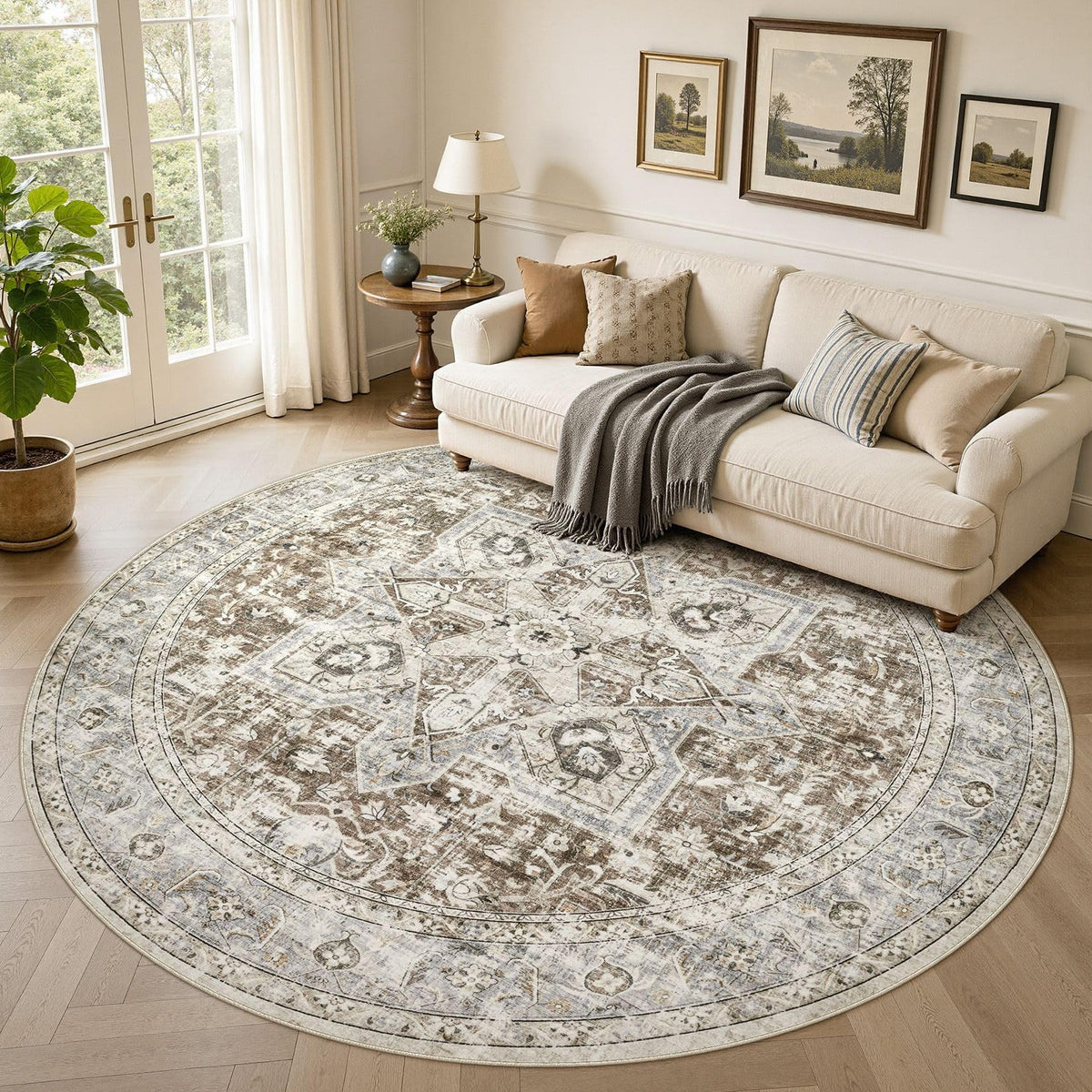 Tortania Area Rug 5x7 Living Room Rug Washable Soft Cream/Blue