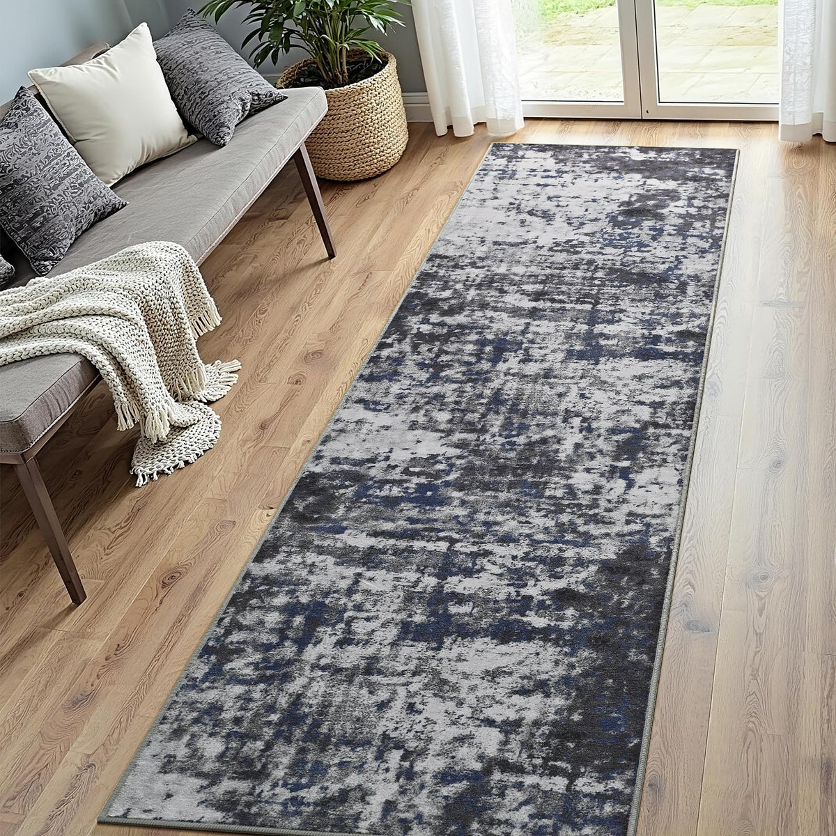 Modern Abstract 3x5 Rug, Non Slip Entryway Rug, Soft Machine Washable Rugs for Indoor Entry, Low Pile Stain Resistant Distressed Rug for Living Room, Bedroom, Dark Grey Blue