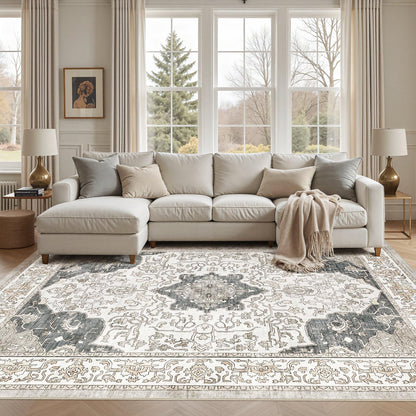 cotiled 5x7 Area Rug for Living Room, Washable, Traditional, Beige