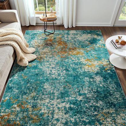 Modern Abstract 3x5 Rug, Non Slip Entryway Rug, Soft Machine Washable Rugs for Indoor Entry, Low Pile Stain Resistant Distressed Rug for Living Room, Bedroom, Dark Grey Blue