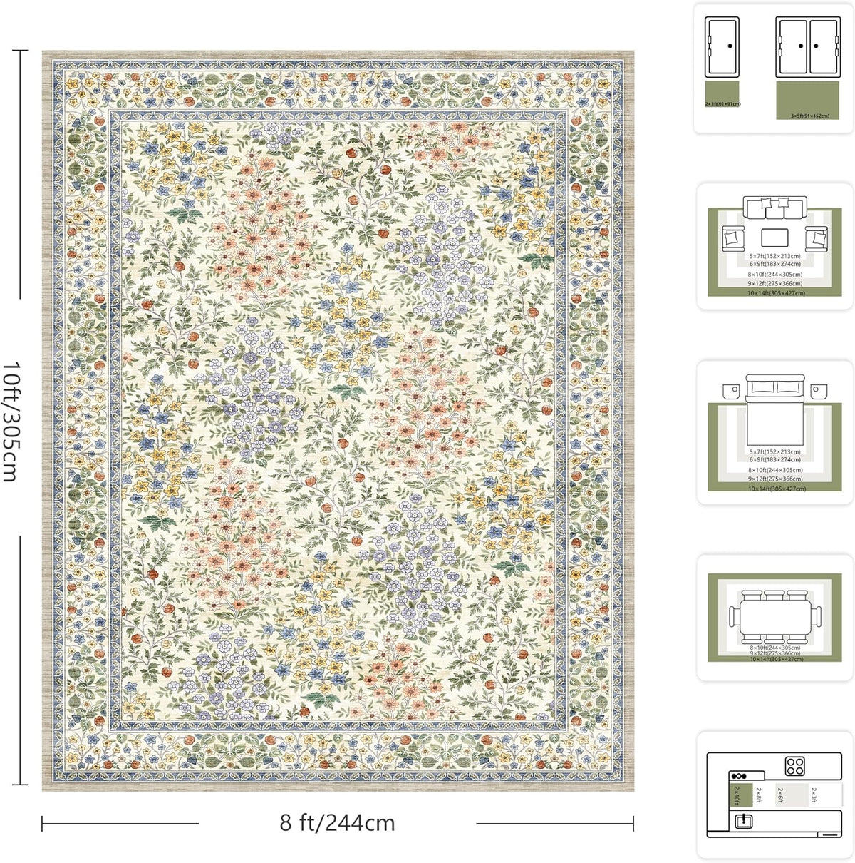 8x10 Area Rugs, Machine Washable Low Pile Floral Rugs for Living Room, Bedroom, Large Boho Area Rug with Non-Slip Backing for Dining Room(Beige Floral)