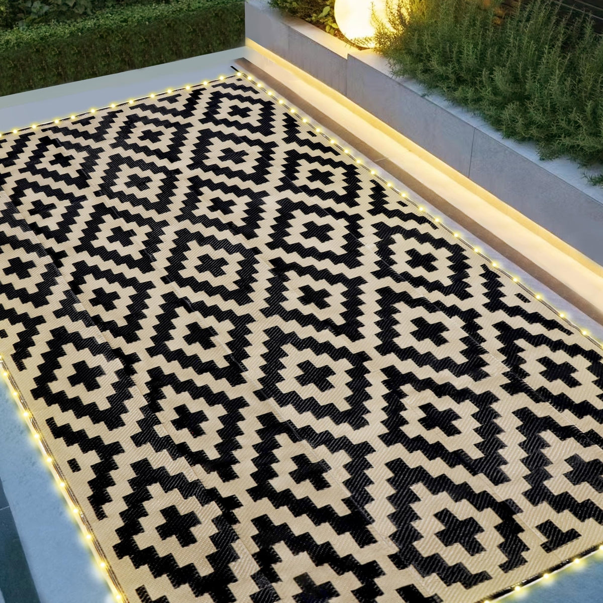SAND MINE Waterproof Outdoor Rug 5x8 ft, Plastic Reversible Rug, Modern Area Rug, Large Floor Mat for Outdoors, RV, Patio, Backyard, Deck, Picnic, Beach, Camping, Black & Beige