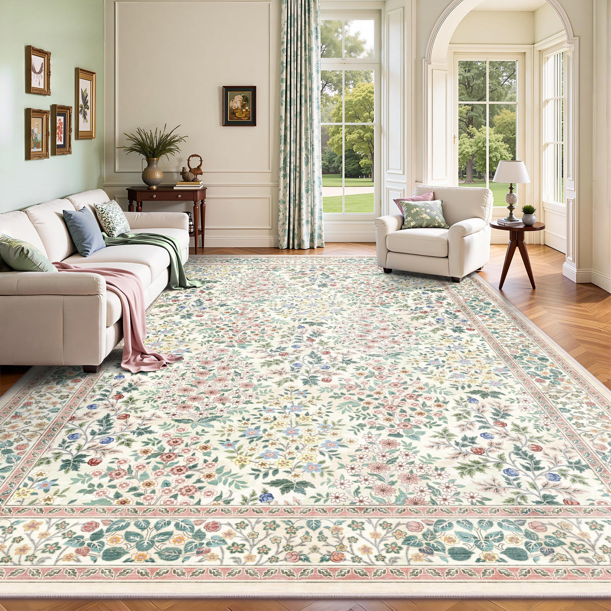8x10 Area Rugs, Machine Washable Low Pile Floral Rugs for Living Room, Bedroom, Large Boho Area Rug with Non-Slip Backing for Dining Room(Beige Floral)