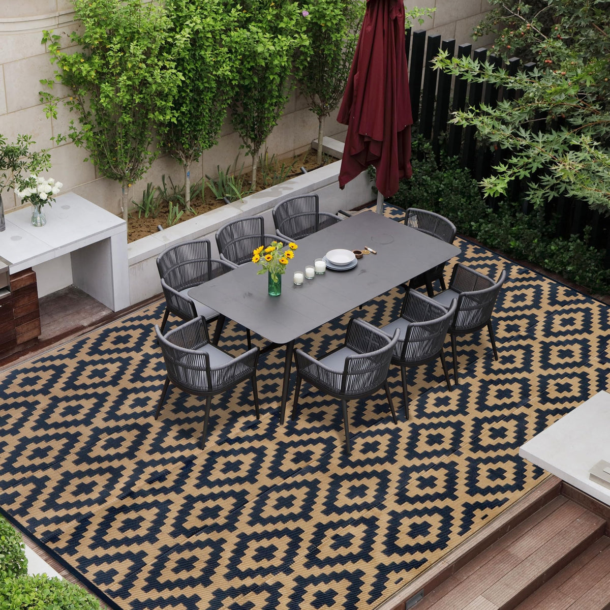 SAND MINE Waterproof Outdoor Rug 5x8 ft, Plastic Reversible Rug, Modern Area Rug, Large Floor Mat for Outdoors, RV, Patio, Backyard, Deck, Picnic, Beach, Camping, Black & Beige