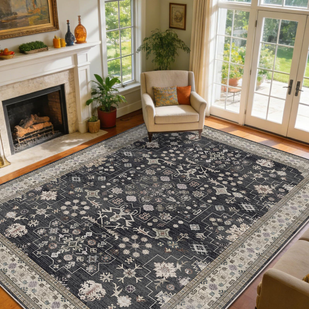 8x10 Washable Area Rugs for Living Room (Charcoal Blush Ivory)