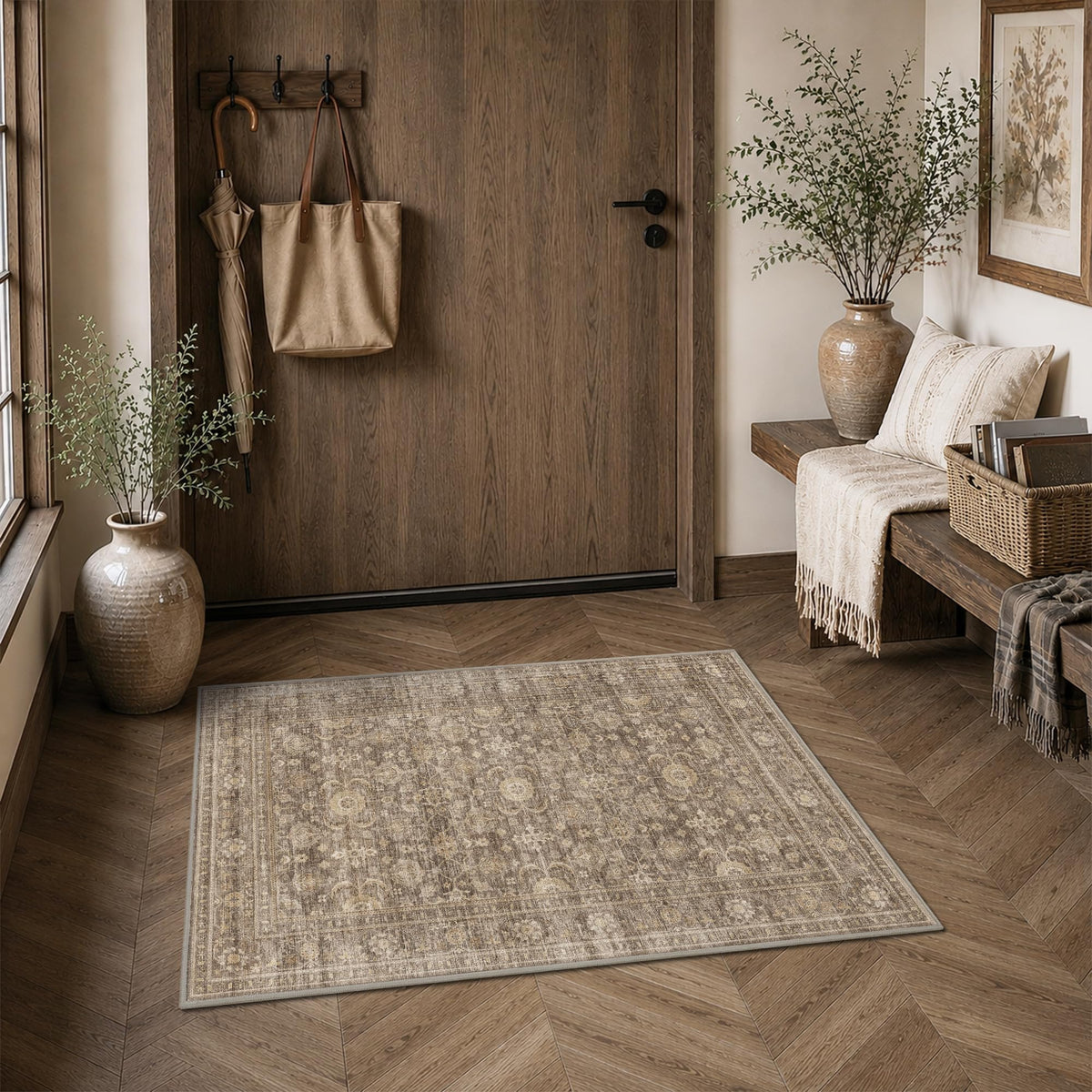 JOOJA 6x9 Brown Vintage Boho Washable Area Rug, Soft Low Pile Floor Carpet