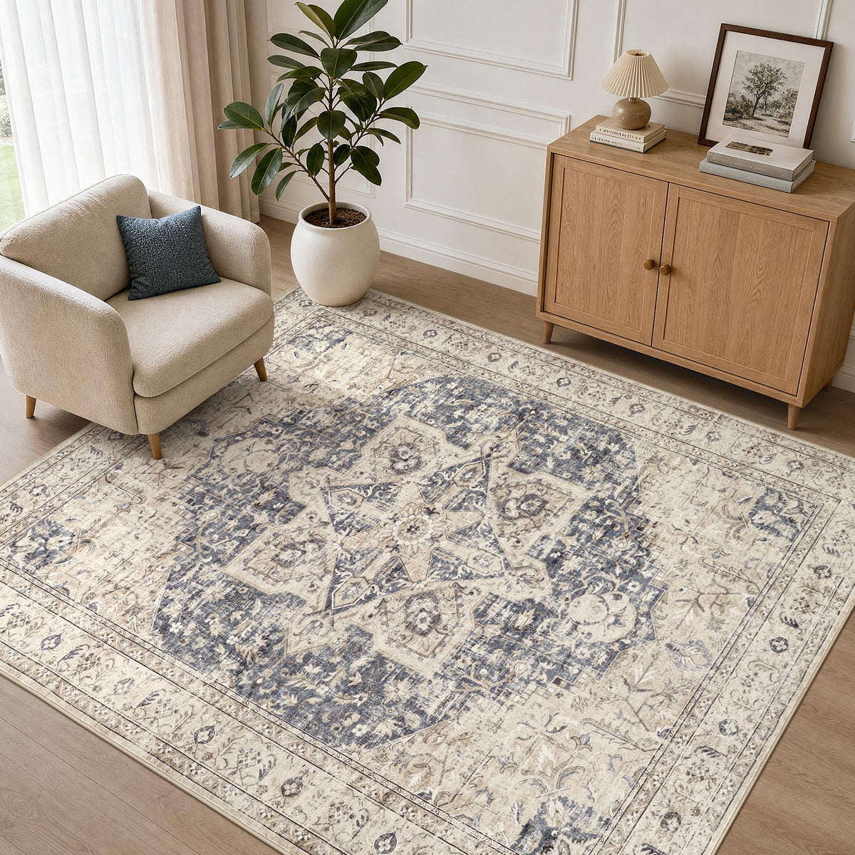 Tortania Area Rug 5x7 Living Room Rug Washable Soft Cream/Blue