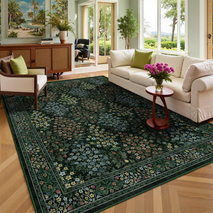 8x10 Area Rugs, Machine Washable Low Pile Floral Rugs for Living Room, Bedroom, Large Boho Area Rug with Non-Slip Backing for Dining Room(Beige Floral)