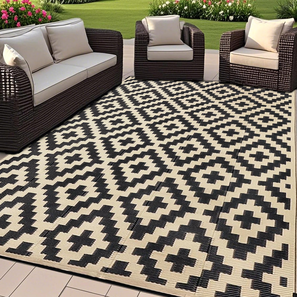 SAND MINE Waterproof Outdoor Rug 5x8 ft, Plastic Reversible Rug, Modern Area Rug, Large Floor Mat for Outdoors, RV, Patio, Backyard, Deck, Picnic, Beach, Camping, Black & Beige