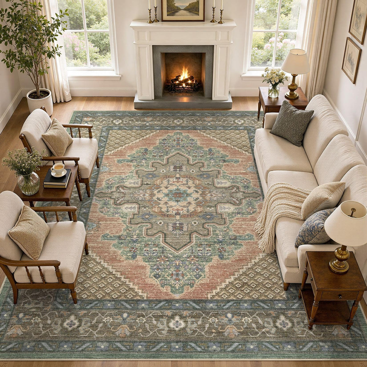 Tortania Area Rug 5x7 Living Room Rug Washable Soft Cream/Blue